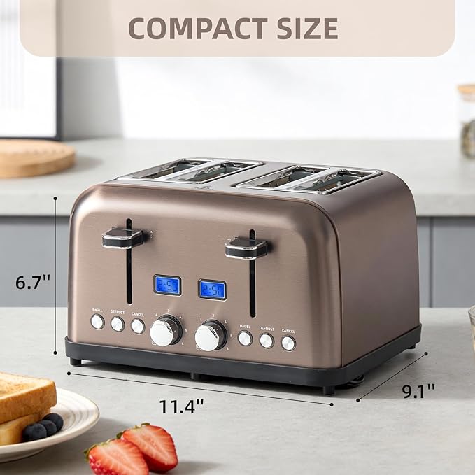 4-Slice Toaster with LCD Display Dual Control for Bagel 6 Shade Settings Extra Wide Slots Stainless Steel with High Lift Lever Removable Crumb Tray 1500W (Dark Metallic)