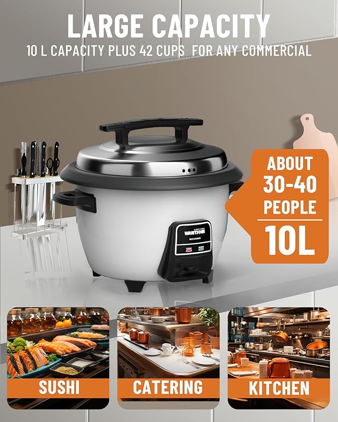 Wantjoin Rice cooker Stainless Rice Cooker &amp Warmer Commercial Rice cooker for party and family(10L capacity for 4.2L rice42CUPS) White