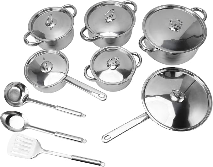 Rengue Stainless Steel Cookware Set 15 Piece Kitchen Pots and Pans Set with Heat Handles Dishwasher Safe for Frying Boiling Stewing Cooking