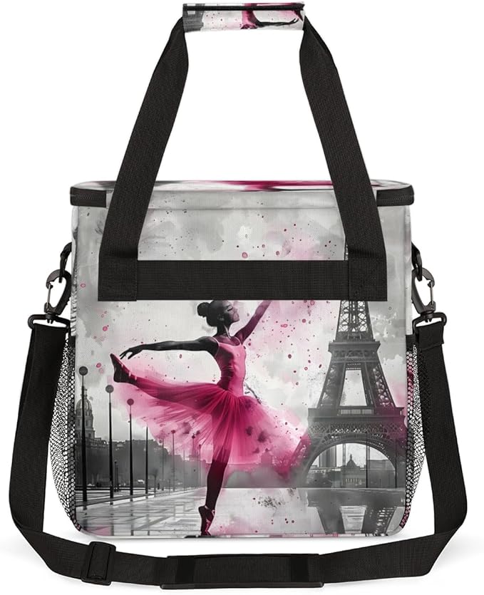 Paris Eiffel Tower Travel Coffee Maker Carrying Bag Pink Large Organizer Storage Tote Bag Insulated Reusable Cooler Lunch Bags