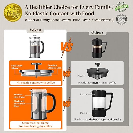 Veken French Press Coffee Maker 34oz 1 L No Plastic Touching Cafe Heat Resistant Thickened Borosilicate Glass Stainless Steel Brewer Cold Brew Cafetera Teapot for Kitchen Travel Camping Silver