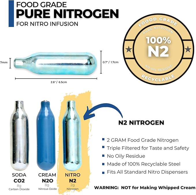 ICO 10pcs Nitrogen Cartridges N2 2g Non-Threaded Chargers and NITRO KAFO Nitro Coffee Maker &amp Cold Brew Maker 1 Quart/1L