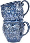Sungmor Embossed Stoneware Fine Dining Dinnerware Antique Baroque Style Porcelain Coffee Mugs Set of 2 18oz Large Water Cups with Handles Sophisticated Rustic Ceramic Mugs for Tea Milk or Beer