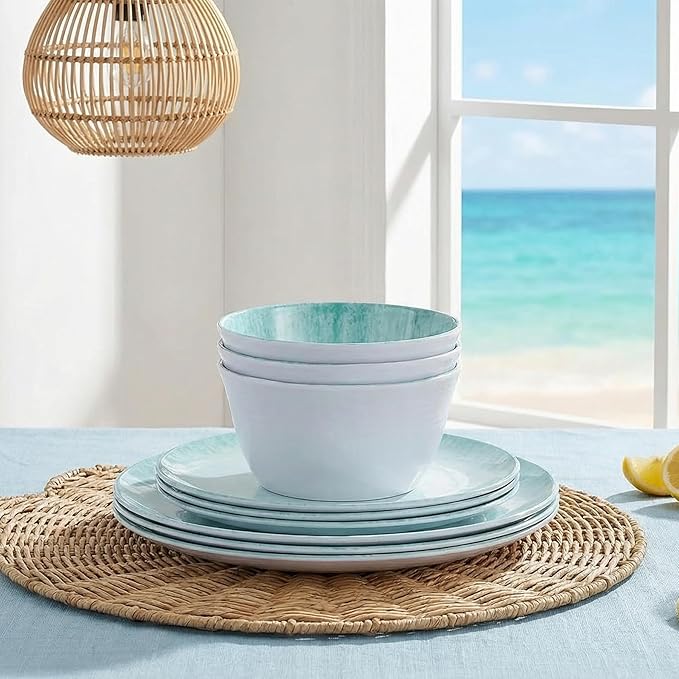 Melamine Dinnerware Set – 4 Dinner Plates 4 Salad Plates 4 Cereal Bowls – Shatterproof Lightweight &amp Stylish for Everyday Dining Outdoor Camping and RV Use