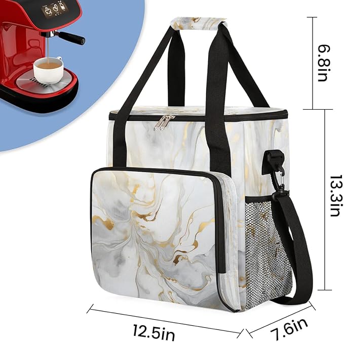 Gray White Marble Style Coffee Maker Carrying Bag Compatible with K-Mini or K-Mini Plus Portable Single Cup Coffee Maker Case with Pockets for K Cup Pods