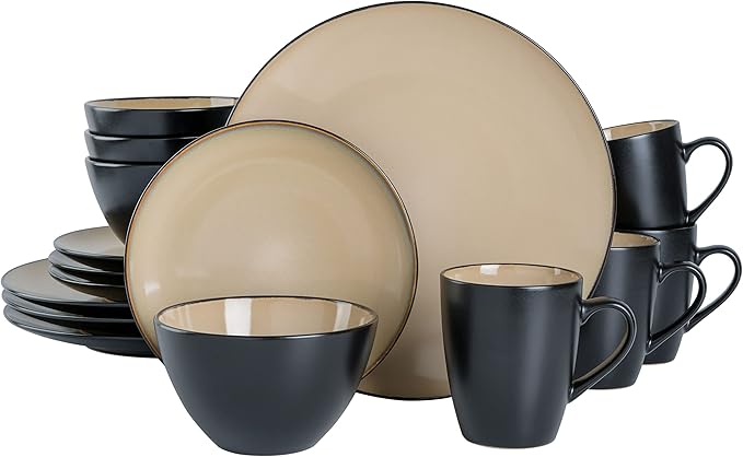 Gibson Elite Soho Lounge 16-Piece Round Reactive Glaze Stoneware Dinnerware Set Service for 4 – Taupe Plates and Bowls