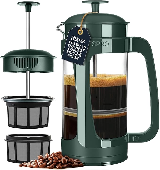 ESPRO P3 French Press Coffee Maker – Patented Double Micro-Filter for Grit-Free Brew Heat Resistant Thicker Borosilicate Glass Coffee Press – Green (32 oz)