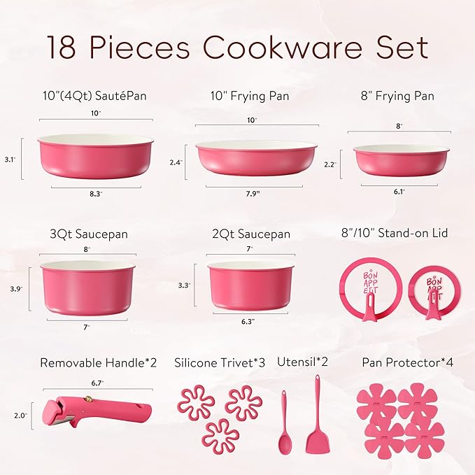 CAROTE 18Pcs Ceramic Cookware Set with Detachable Handle Pots and Pans Set Non Stick Non Toxic Kitchen Cooking Sets with Stand-Up Lid PFAS and PFOA Free Oven Safe Induction Ready Pink