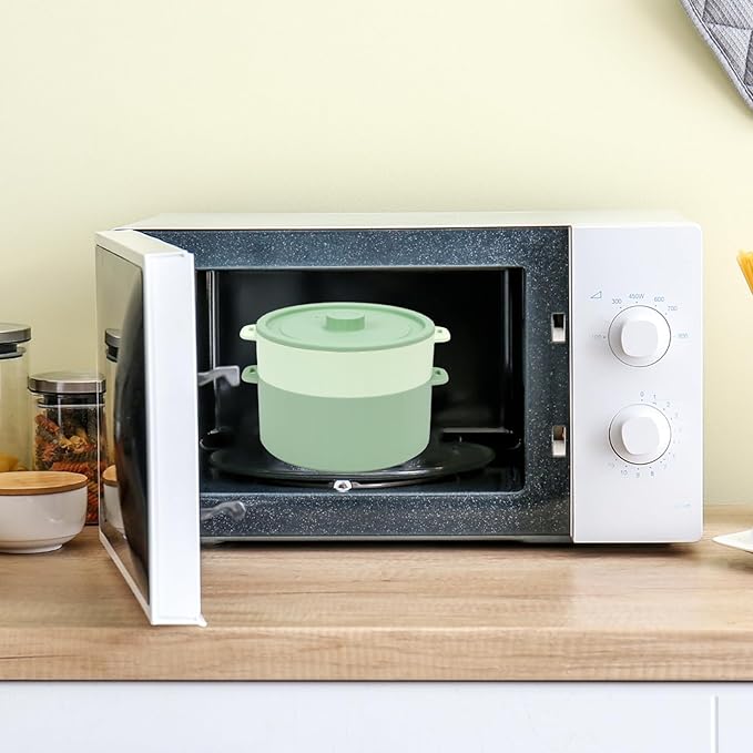 BestYiJo Microwave Rice Cooker 2-Layer Microwave Pasta Cooker and Steamer for Rice Vegetables Quinoa Oatmeal Ramen –Silicone Non-Stick(Green)