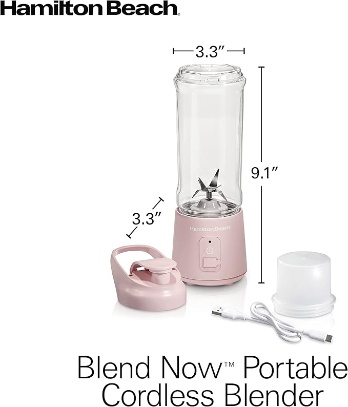 Hamilton Beach Mini Cordless Portable Personal Blender for Shakes and Smoothies USB Rechargeable 16 oz. Jar with Leakproof Travel Lid 6 Stainless Steel Blades Pink (51181)