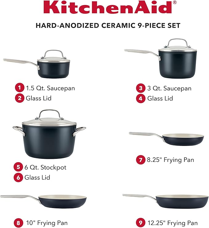 KitchenAid Hard Anodized Ceramic Nonstick Cookware Pots and Pans Set 9 Piece - Matte Black
