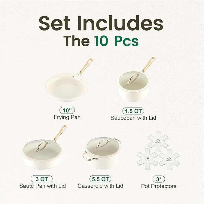 Chef Power Ceramic Cookware Sets 10Pcs Pots and Pans Set Non Stick Cookware Set with Stainless Steel Handle Dishwasher &amp Oven Safe Cream White and Light Gold Handle