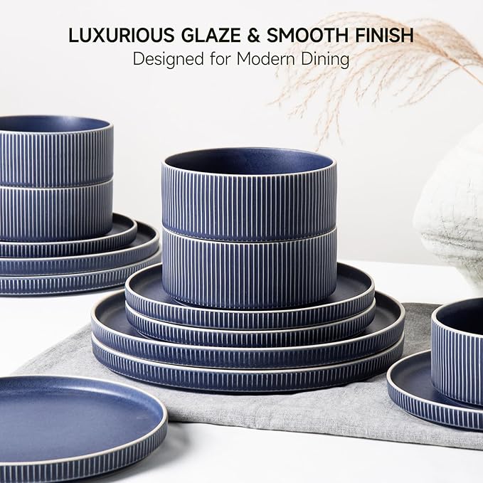 Dinnerware Set Service for 8 24-Piece Ceramic Plates and Bowls Set Chip &amp Scratch Resistant Microwave and Dishwasher Safe Modern Minimalist Tableware for Everyday Use Matte Blue