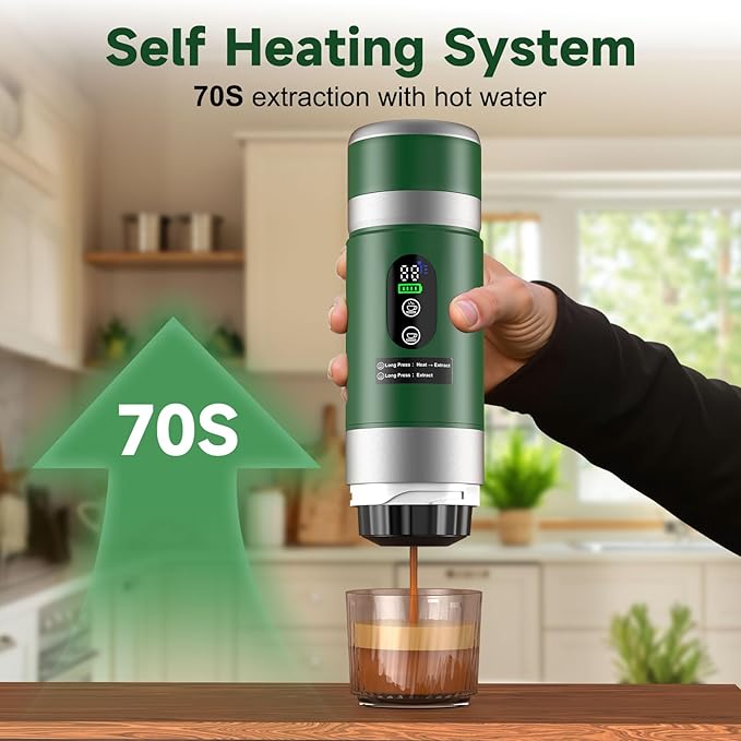 Portable Espresso Machine with Removeable Battery 20 bar Mini Travel Coffee maker Expresso Maker with USB-C3-in-1 Car Coffee Maker Self-Heating Ground Coffee &amp Capsule(Ns&ampDG)