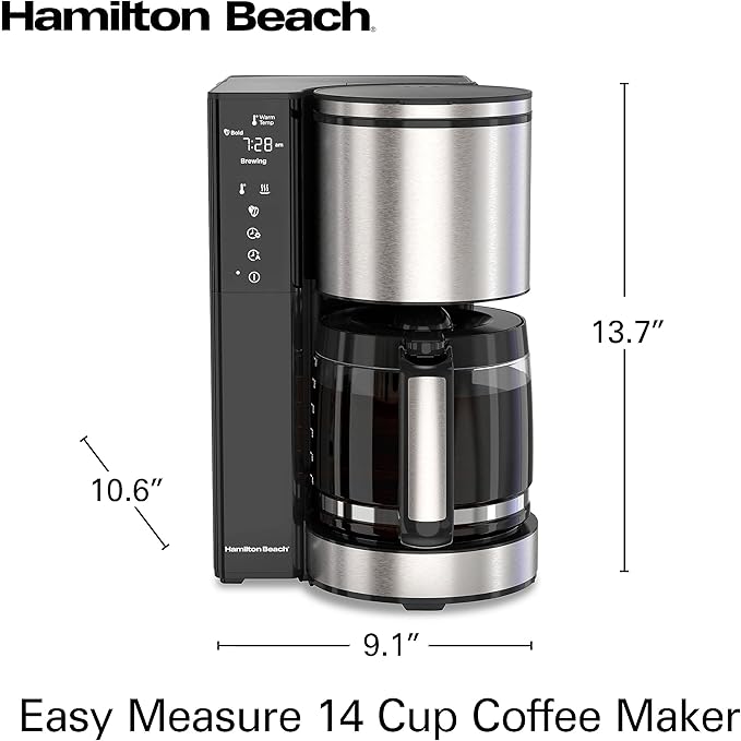 Hamilton Beach 14 Cup Programmable Coffee Maker with Easy Measure Light Up Reusable Filter Removable 70 Oz. Water Reservoir Black and Stainless Steel