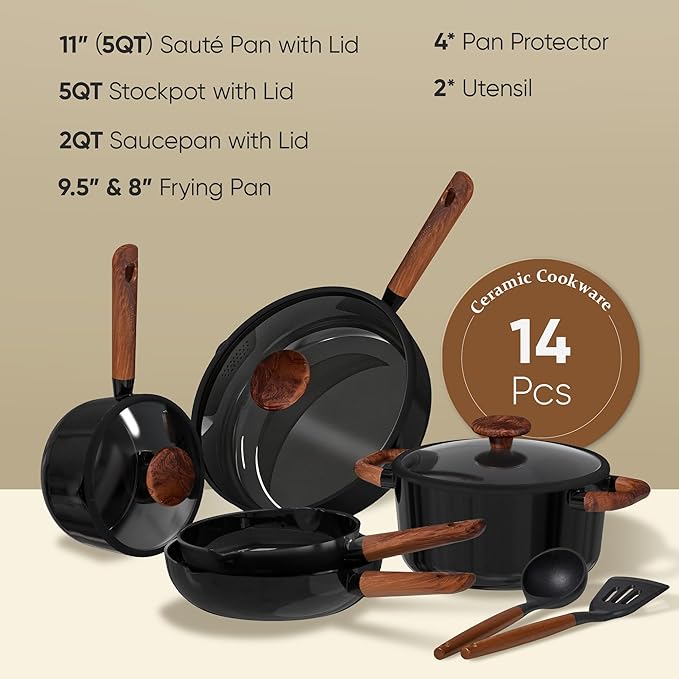 CAROTE ceramic cookware setnonstick pots and pans14PCS Non Toxic Healthy Non Stick Kitchen Cooking Pots and Frying Pans Set PFAS PTFE Free