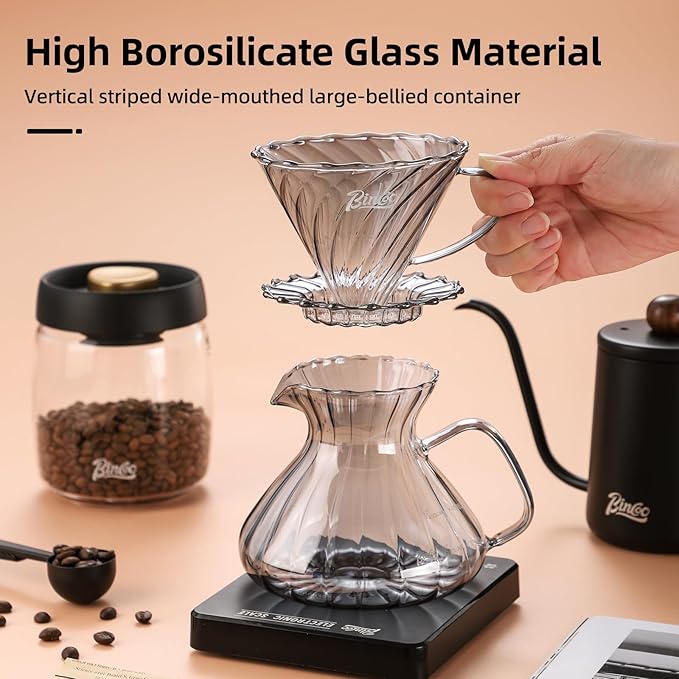 Bincoo Pour Over Coffee Maker Set650ML Borosilicate Glass Carafe with Coffee Driper&amp50pcs Paper FilterGlass Coffee Maker for Home Café Restaurant(Gray)