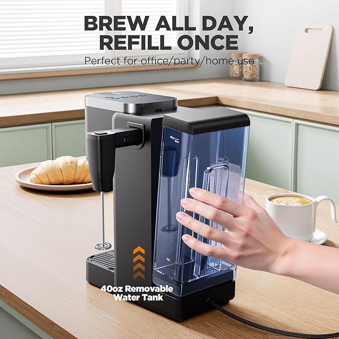 Single Serve Coffee Maker with Built-in Detachable Milk Frother Iced and Hot Coffee Machine for K Cup &amp Grounds 40oz Removable Water Reservoir 6 Cup Sizes Fits 7.3 Travel Mug Black