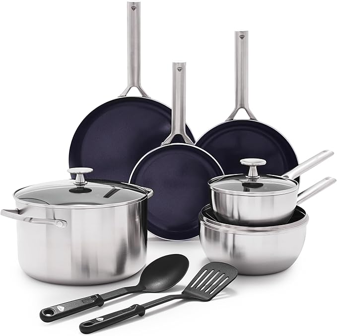 Blue Diamond 11 Piece Cookware Set Stainless Steel Tri-Ply Induction Compatible Diamond Infused Ceramic Nonstick PFOA and PFAS Free Dishwasher Safe Metal Utensil Safe Scratch Resistant Silver