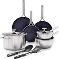 Blue Diamond 11 Piece Cookware Set Stainless Steel Tri-Ply Induction Compatible Diamond Infused Ceramic Nonstick PFOA and PFAS Free Dishwasher Safe Metal Utensil Safe Scratch Resistant Silver