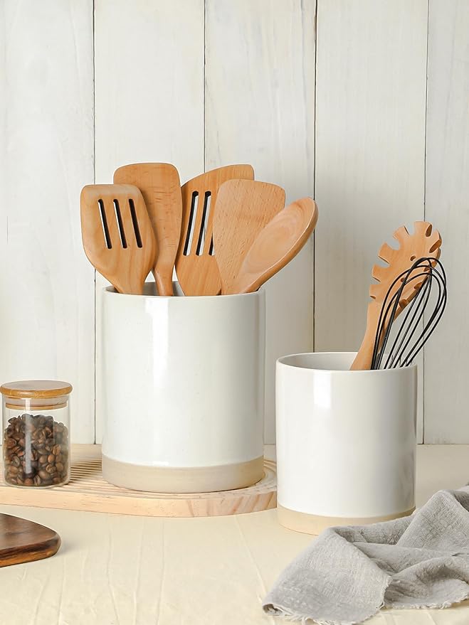 Famiware Milkyway Plates and Bowls Set of 12 and Kitchen Utensil Holder for Countertop Set of 2 14 Pieces Dinnerware Sets White