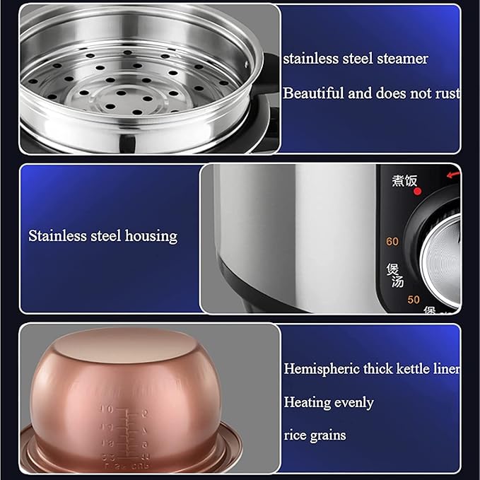Rice Cooker with Steamer Stainless Steel Rice Cooker Non-Stick LinerAdjustable Temperature for 1-11 People (3L) ()