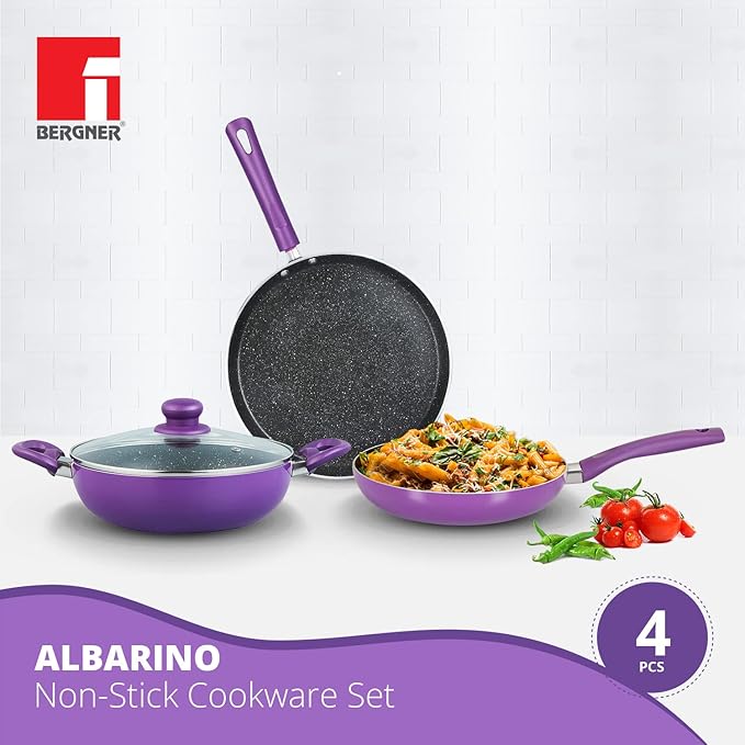 Bergner Albarino Non-Stick 4 Pcs Cookware Set - 24cm (2.5 L) Kadai with Glass Lid 24cm Frypan and 28cm Tawa Bakelite Handle Minimal Oil Use - Induction Bottom Diwali/Anniversary Gifting (Purple)