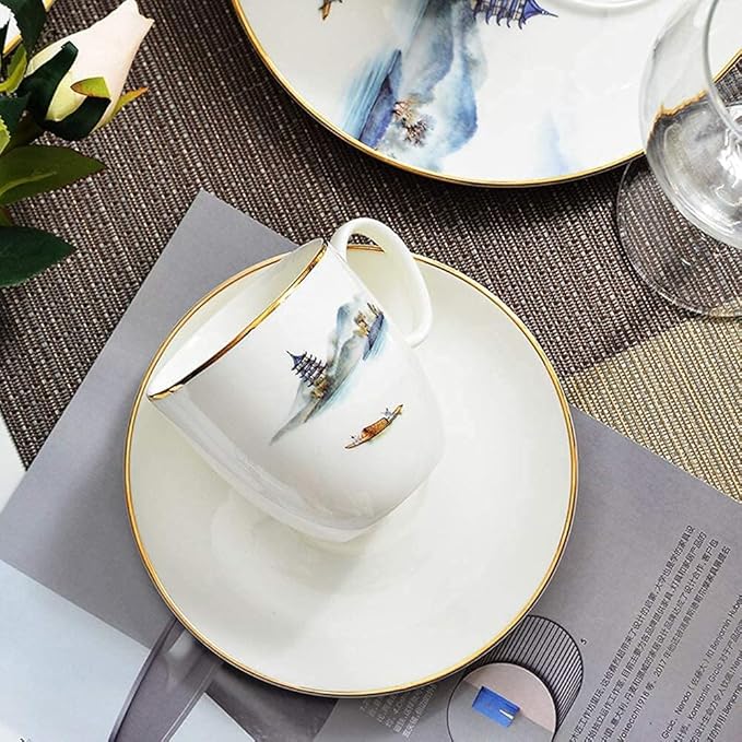 8pc Porcelain Bone China Dinnerware Set Ceramic Dinner Sets Clear Water and Cloud Sky Setting Dishes Set