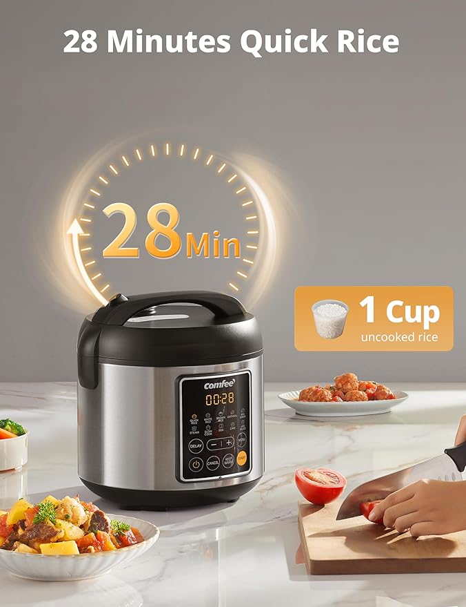 COMFEE' Rice Cooker 4 Cups Uncooked 8 Cups Cooked Slow Cooker 2 Qt Small Multicooker with 10 Presets Steamer &amp Grain Cooker Non-Stick Inner Pot