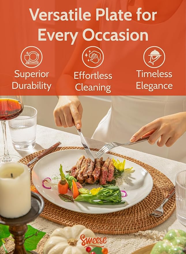 Sweese Porcelain 11 Inch Dinner Plates Set of 6 - White Dinner Plates - Dishwasher Microwave Oven Safe Scratch Resistant