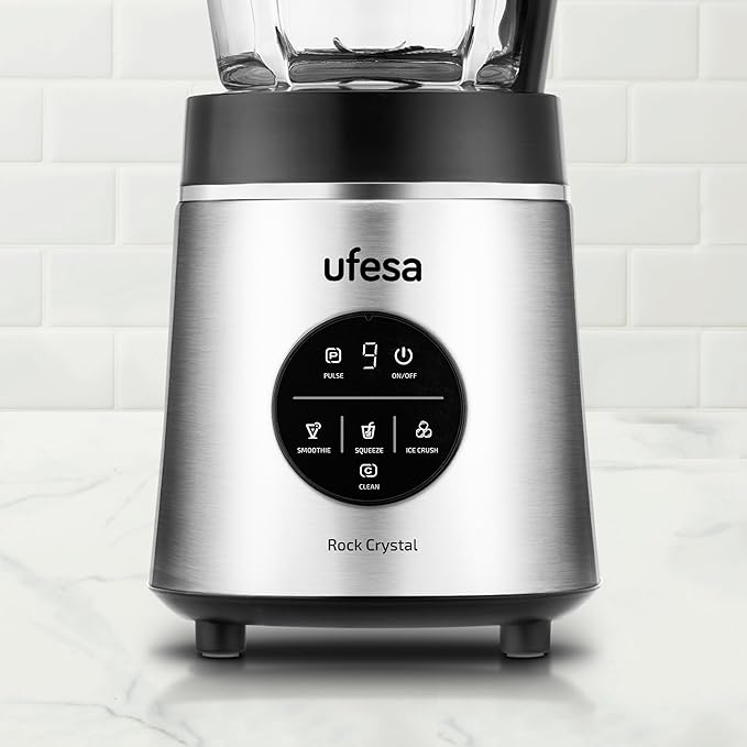 Ufesa Rock Crystal Glass Blender 1800 W Power 1.75 L Glass Jar Electronic Speed Control Ice Chopper 6 Stainless Steel Blades 4 Automatic Programs