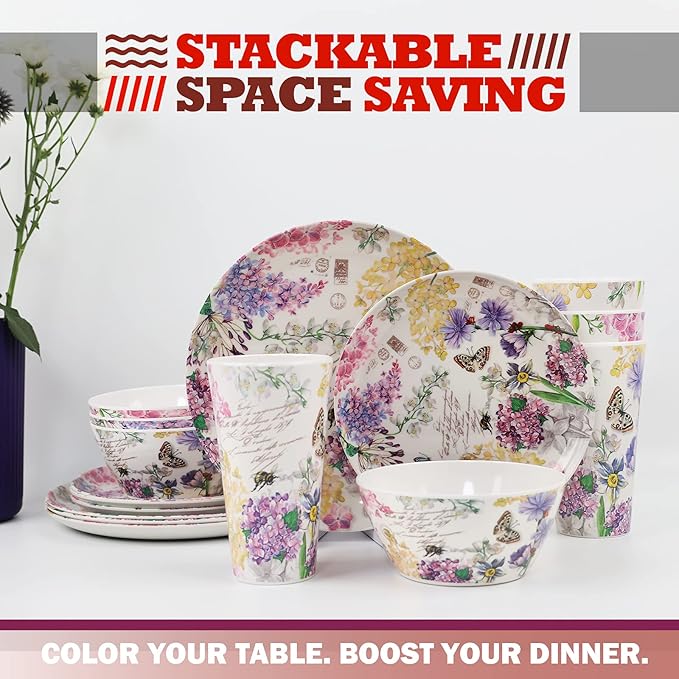 Melamine Dinnerware Set for 4-16 Pcs:Camping Dishes Set with Dinner PlatesSalad PlatesCups and Bowls.Lightweight and Unbreakable.Indoor and Outdoor Use.