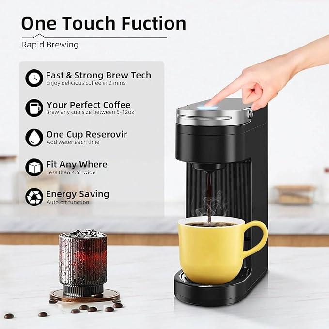 Single Serve Coffee Maker Slim One Cup Brewer with Reusable Filter Compact Pod Coffee Machine 6-12oz