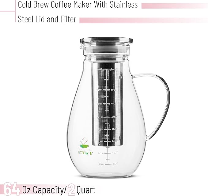 BTaT- Cold Brew Coffee Maker Iced Coffee Maker 2 Liter (2 Quart 64 oz) Iced Tea Maker Cold Brew Maker Tea Pitcher Coffee Accessories Iced Tea Pitcher Cold Brew System Cold Brew Pitcher