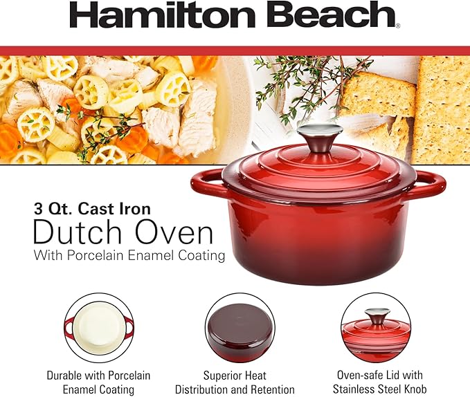 Hamilton Beach 3-Quart Enameled Cast Iron Dutch Oven with Lid | Heavy-Duty Pot for Braising Roasting &amp Baking | Red