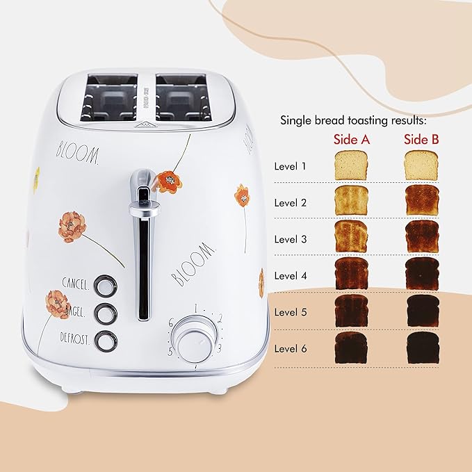 Rae Dunn Retro Rounded Bread Toaster 2 Slice Stainless Steel Toaster with Removable Crumb Tray Wide Slot with 6 Browning Levels Bagel Defrost and Cancel Options White Floral
