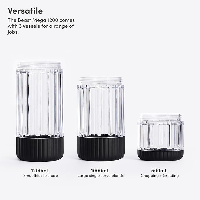 Beast Mega 1200 Plus | Premium Countertop Blender | Smoothies Shakes Sauces Dips Soups | Blends Ice and Frozen Fruit | XL Vessel | With Extra Vessels Straw System | 1200W | (Carbon Black 120V)