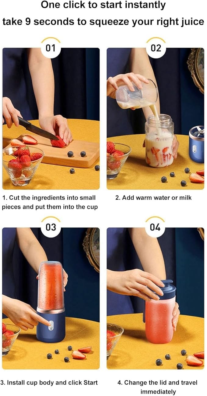 Portable Blender Cordless Personal Blender for Shakes and Smoothies with 6 Blades 300ml USB Rechargeable Blender Bottle Cup with Lid for Kitchen GymTravel