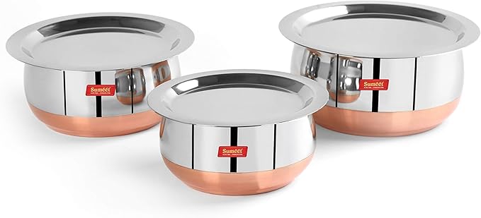 Sumeet Stainless Steel Copper Bottom Belly Shape 3 Pc Tope/Cookware/Pot Set with Lid 380ML 500ML 780ML (Silver)
