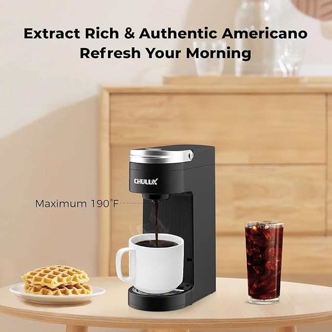 CHULUX Slim Single Serve Coffee Maker for K Pods One Cup Coffee Maker Fits 7.3 Travel Mugs Coffee Machine with 6 to 12oz Brew Sizes
