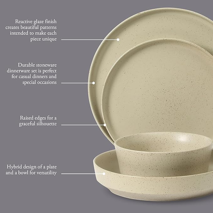 Gibson Elite Overbrook 16-Piece Pottery Clay Stoneware Dinnerware Set – White Reactive Glaze Stackable Plates and Bowls w/Pasta Bowl Service for 4 – Microwave &amp Dishwasher Safe
