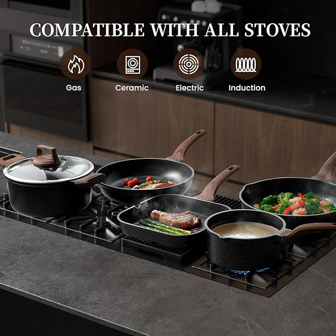 Kikcoin 16Pcs Pots and Pans Set Nonstick Ceramic Cookware Sets Induction Kitchen Cooking Set Non toxic Healthy Non Stick w/Grill Pan Saute Pan Black