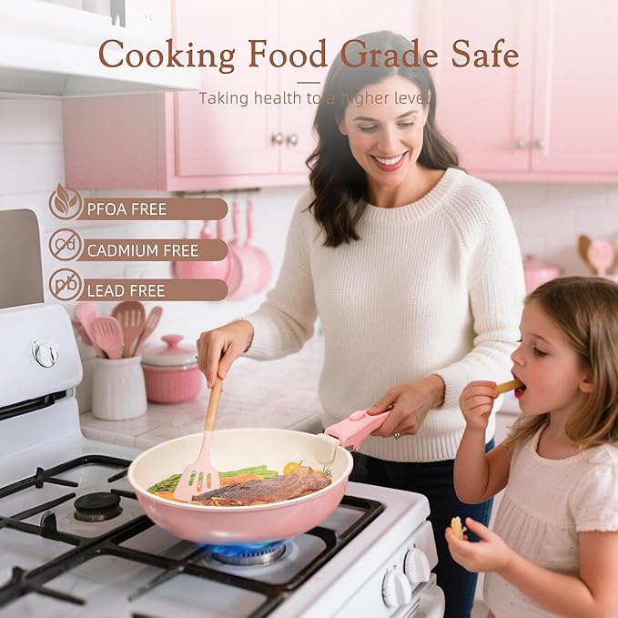 Astercook 21 Pcs Pots and Pans Non Stick Ceramic Cookware Set Detachable Handles RV Kitchen Cooking Set Oven Safe Induction Ready Stackable Pink