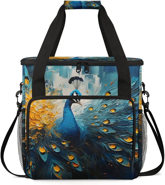 Peacock Print Coffee Maker Travel Bag for Keurig K-Mini/K-Mini Plus Insulated Waterproof Tote with Pockets for K-Cup Portable Single-Serve Brewer Case