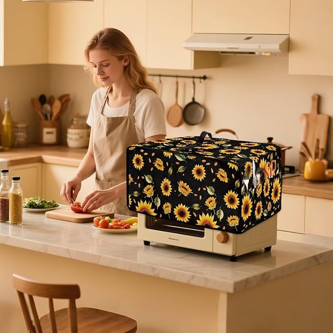 Toaster Oven Cover Heat-Resistant Dust-proof Air Fryer Protective Covers with Organizing Side Pockets to Hold Jam Spreader Knife &amp Toast Machine Tongs Sunflower Leaves