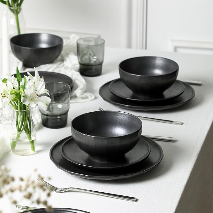 Stone Lain Rio Stoneware 16 Piece Dinnerware Set Plates and Bowls Sets Black Dish Set for 4 with Fluted Colored Glass Cups Microwave &amp Dishwasher Safe