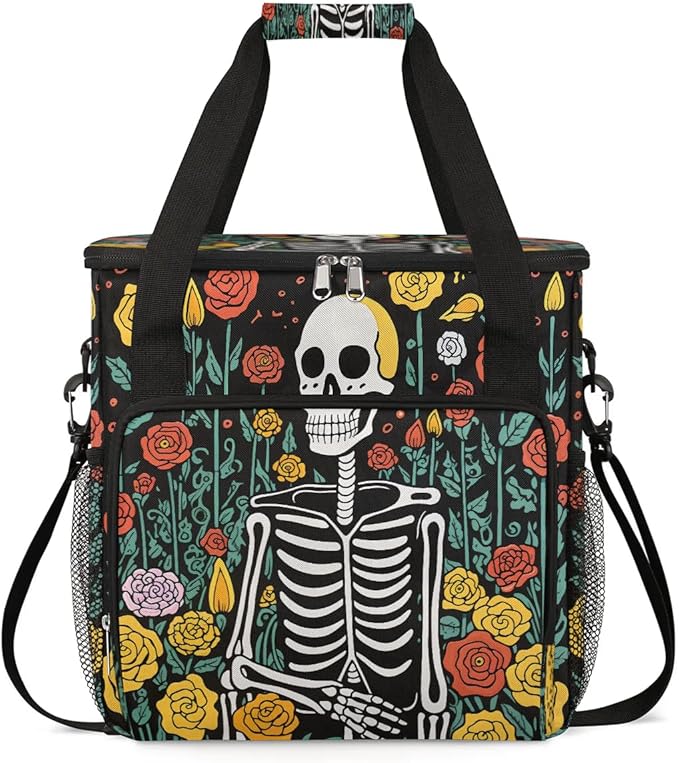 Skeleton Flowers Rose Coffee Maker Carring Bag Travel Carrying Storage Tote Bag Compatible Portable Single Serve Coffee Brewer Case with Pockets for K-cup Pods