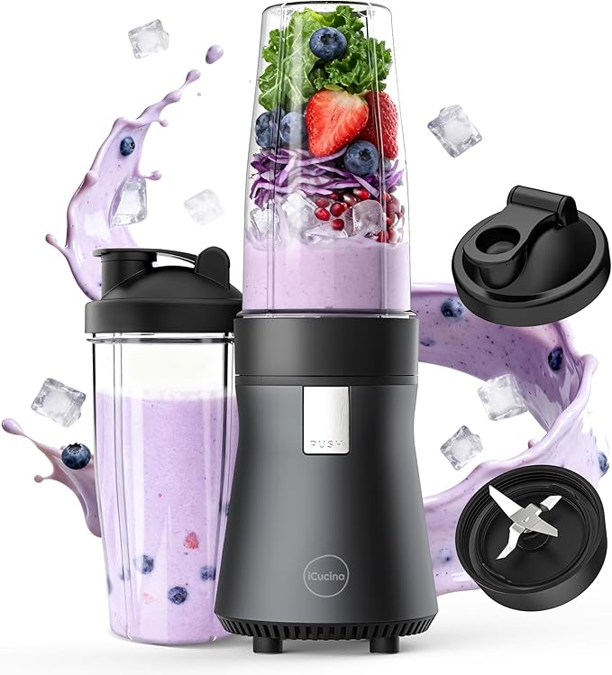 iCucina Smoothie Blender Personal Blender for Shakes and Smoothies 700W Pulse Technology Single Serve Blenders with 2 x 28oz Protable Cups for Ice Crush Frozen Fruit Drinks