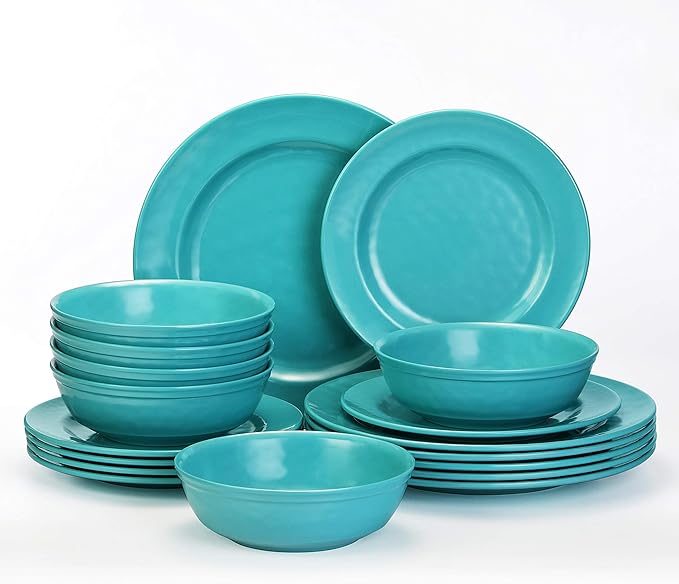TP 18-Piece Dinnerware Set Melamine Dishes Set with Bowls and Plates Service for 6 Non-breakable Lightweight Dining Tableware Teal