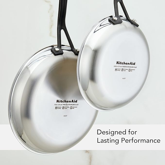 KitchenAid 30051 5-Ply Clad Polished Stainless Steel Frying Pan Set/Skillets 8.25 Inch and 10 Inch - Polished Stainless Steel